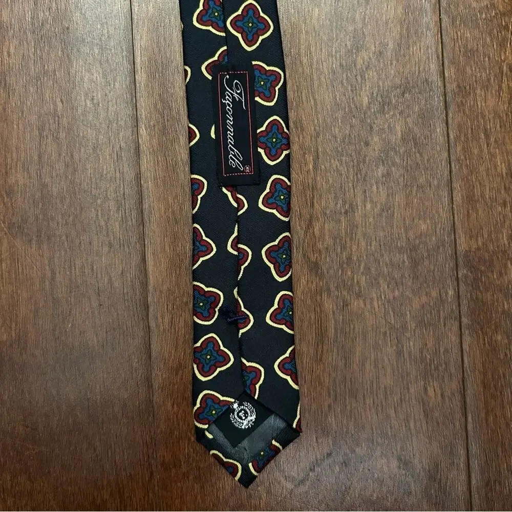 Faconnable Dark Navy and Red Geometric 100% Silk Tie